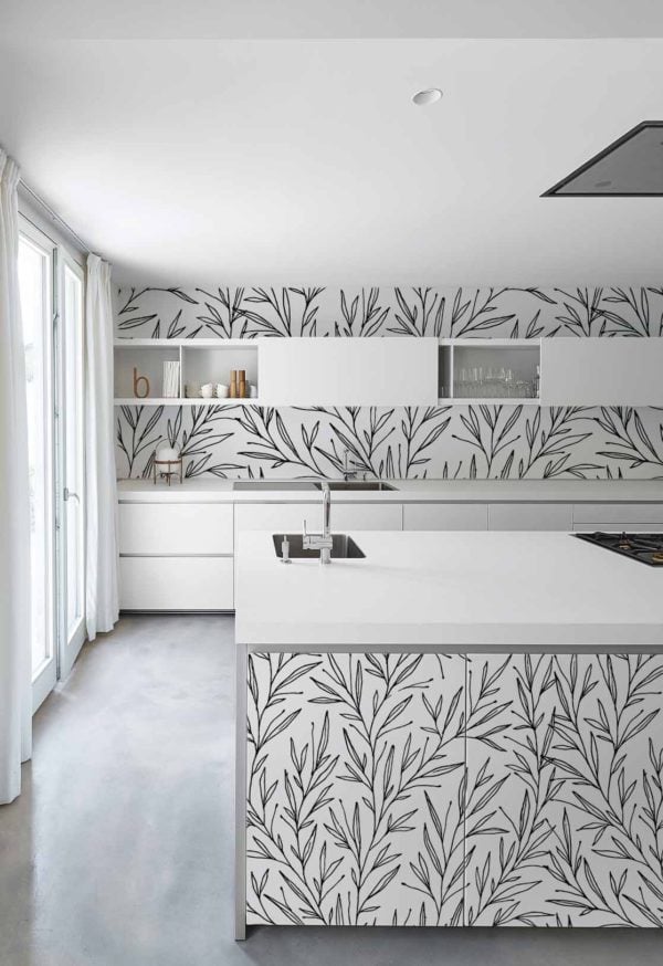 Papier peint N06 branches oliviers minimaliste noir et blanc cuisine