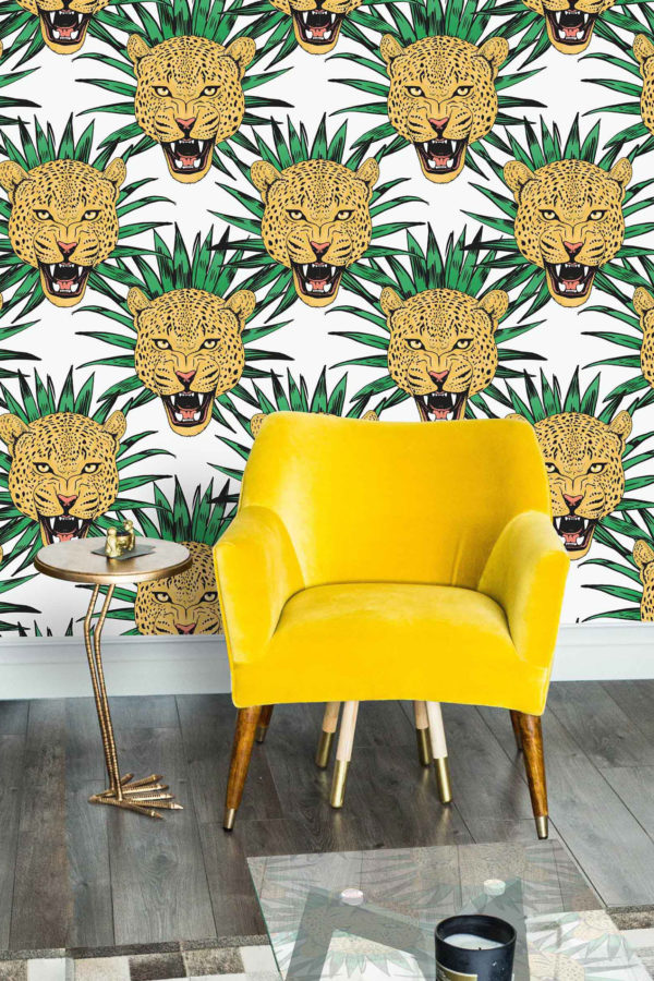 Papier peint N10 tigres jaune et vert pop salon