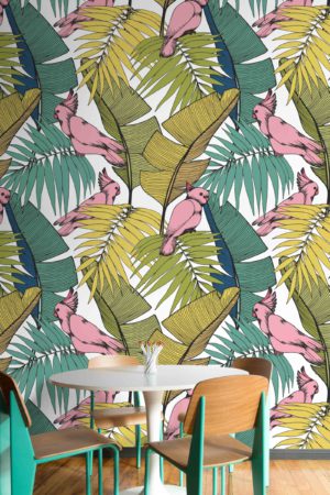 papier peint vegetal perroquets et plantes tropicales