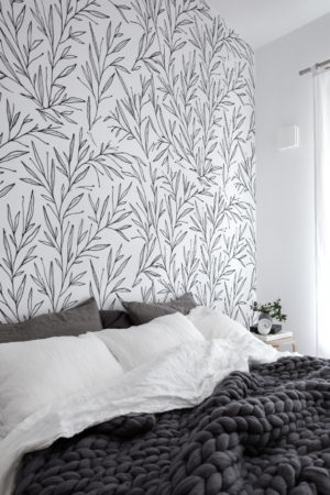 Papier peint N06 branches oliviers minimaliste noir et blanc chambre