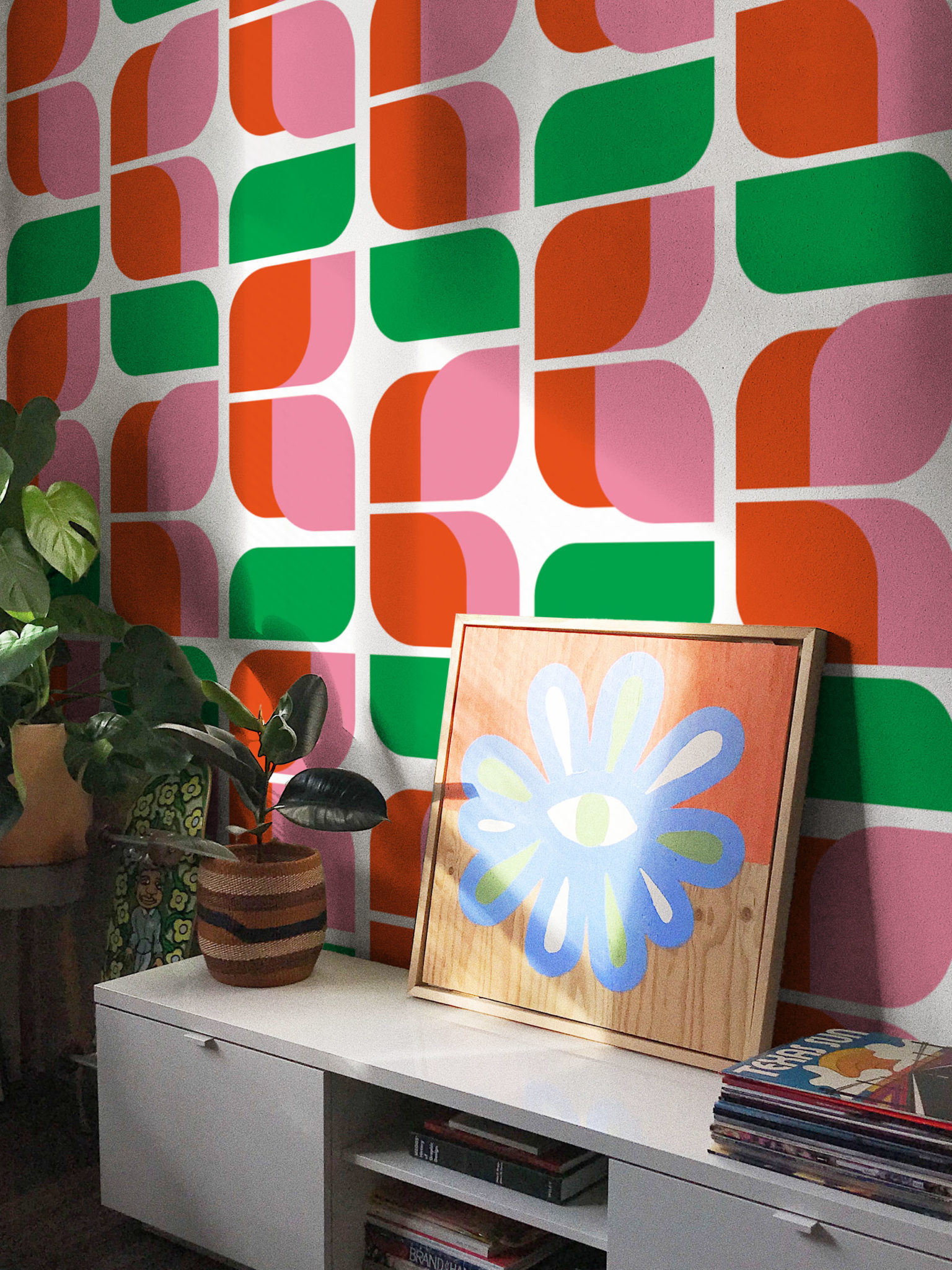 Papier peint Retro Rainbow nuances de rose | Papier peint des années 70
