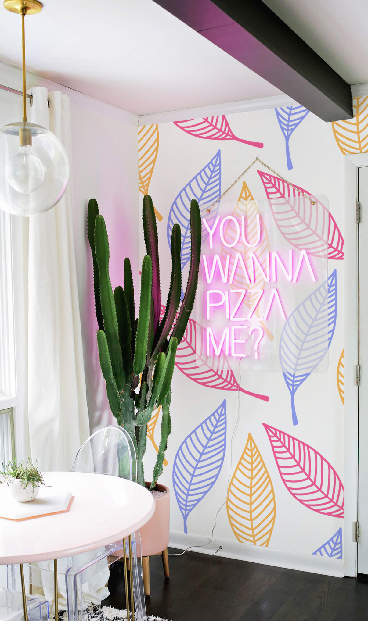papier peint n72 feuilles graphiques colorées pop rose salle à manger