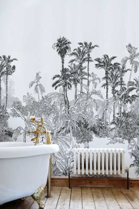 papier peint n90 panoramique tropical noir et blanc salle de bain
