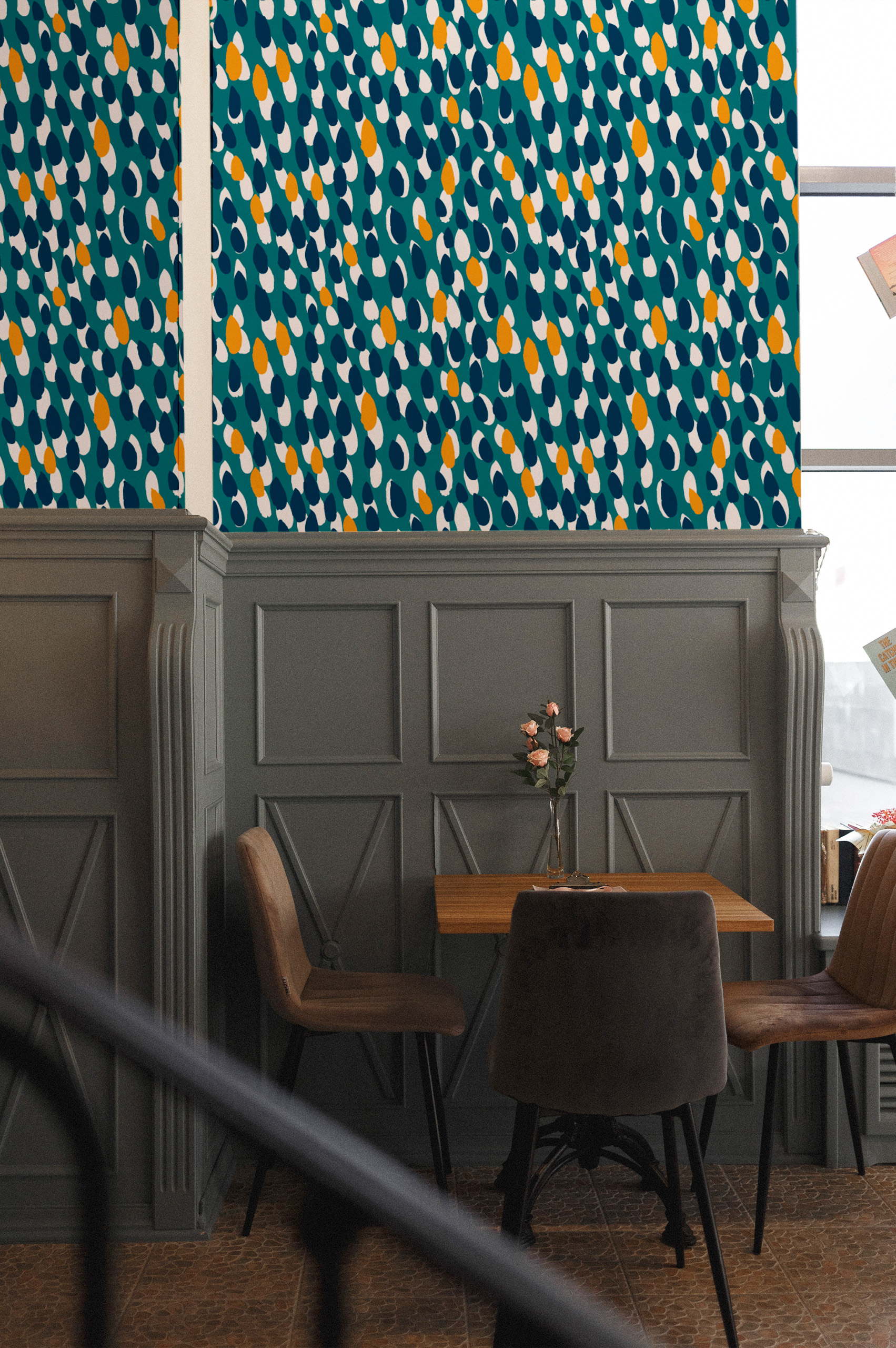 Papier peint N74 espaces publics retro bleu jaune blanc Papier peint N74 espaces publics retro bleu jaune blanc