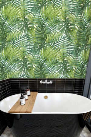 papier peint n76 blanc salle de bain feuilles tropicales nature végétation