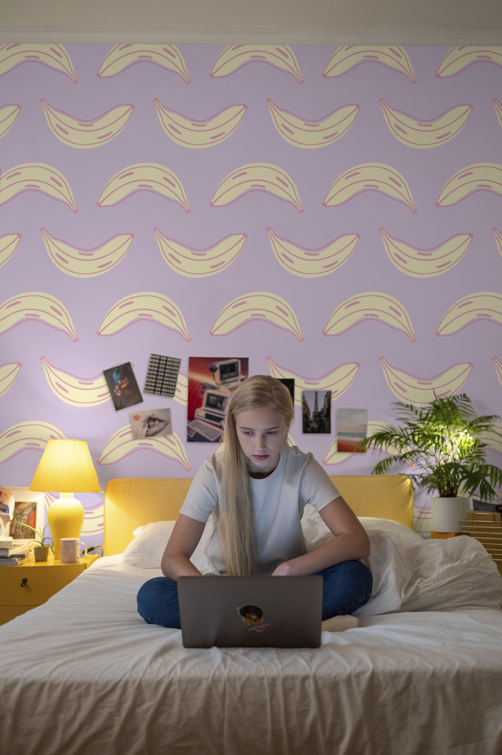 papier peint n85 bananes pop art colorées violet chambre