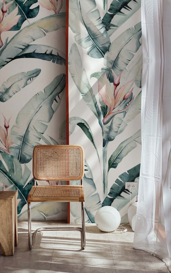 papier peint n97 plantes élégantes oiseaux du paradis aquarelle salon chaise