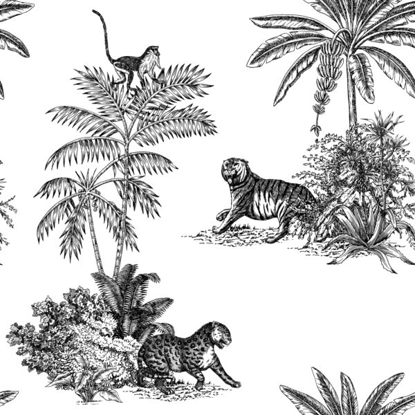 papier peint n108 toile de jouy tigre végétation noir et blanc motif