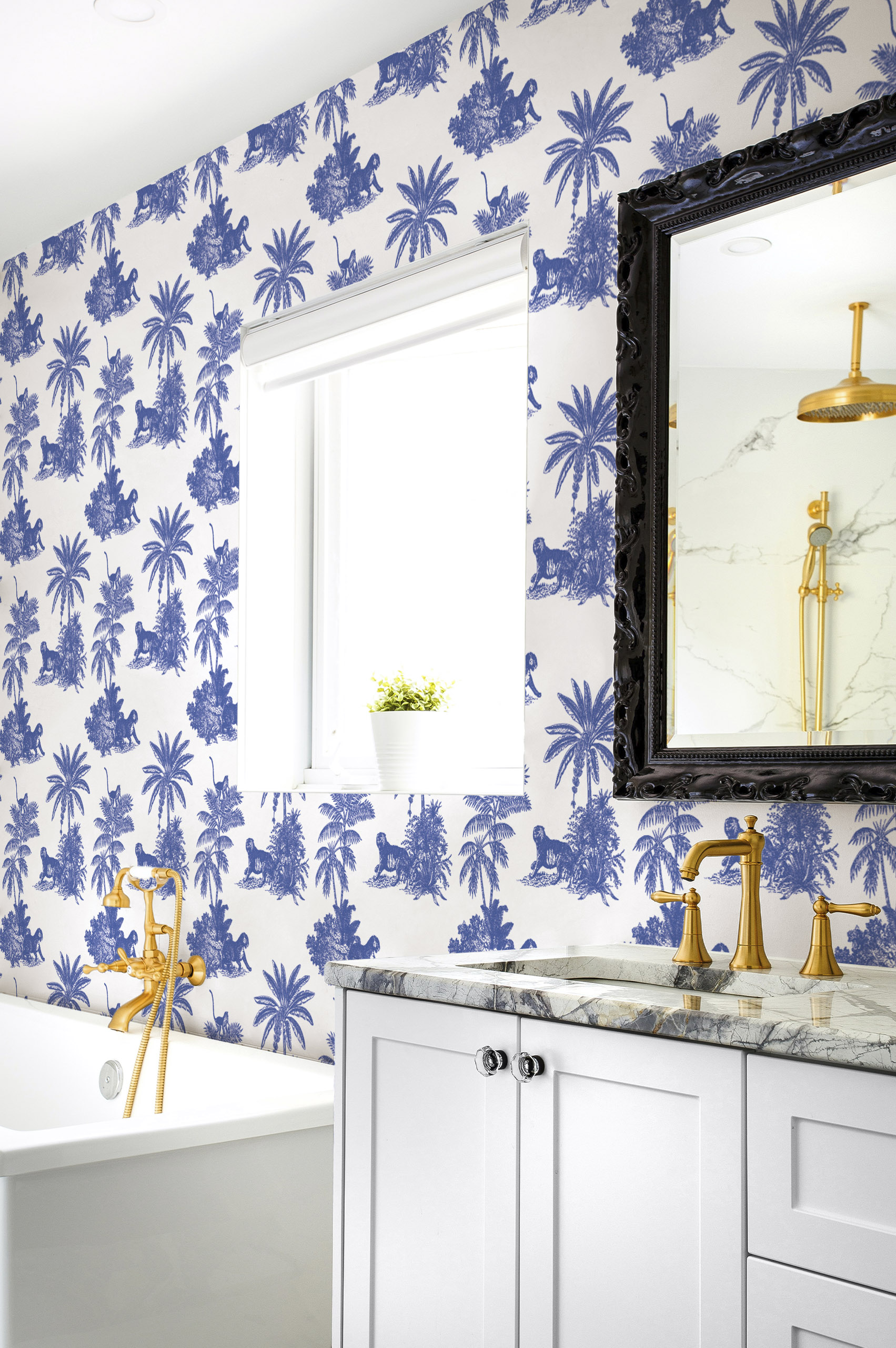 papier peint n108 toile de jouy tigre végétation bleu salle de bain