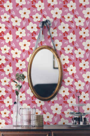 Papier peint N126 champs de fleurs sur fond rose chambre