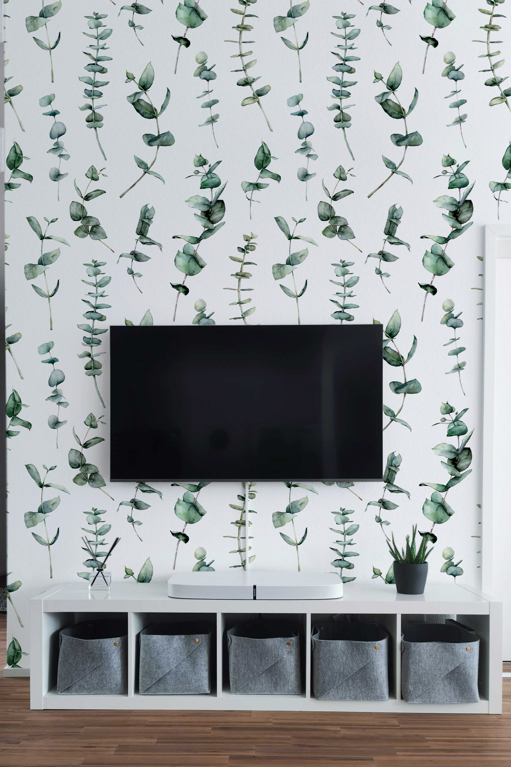 papier peint n131 vert feuilles eucalyptus aquarelle salon tv