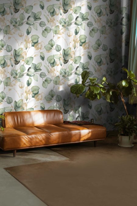 Wallpaper N°138 Eucalypto white and living room green