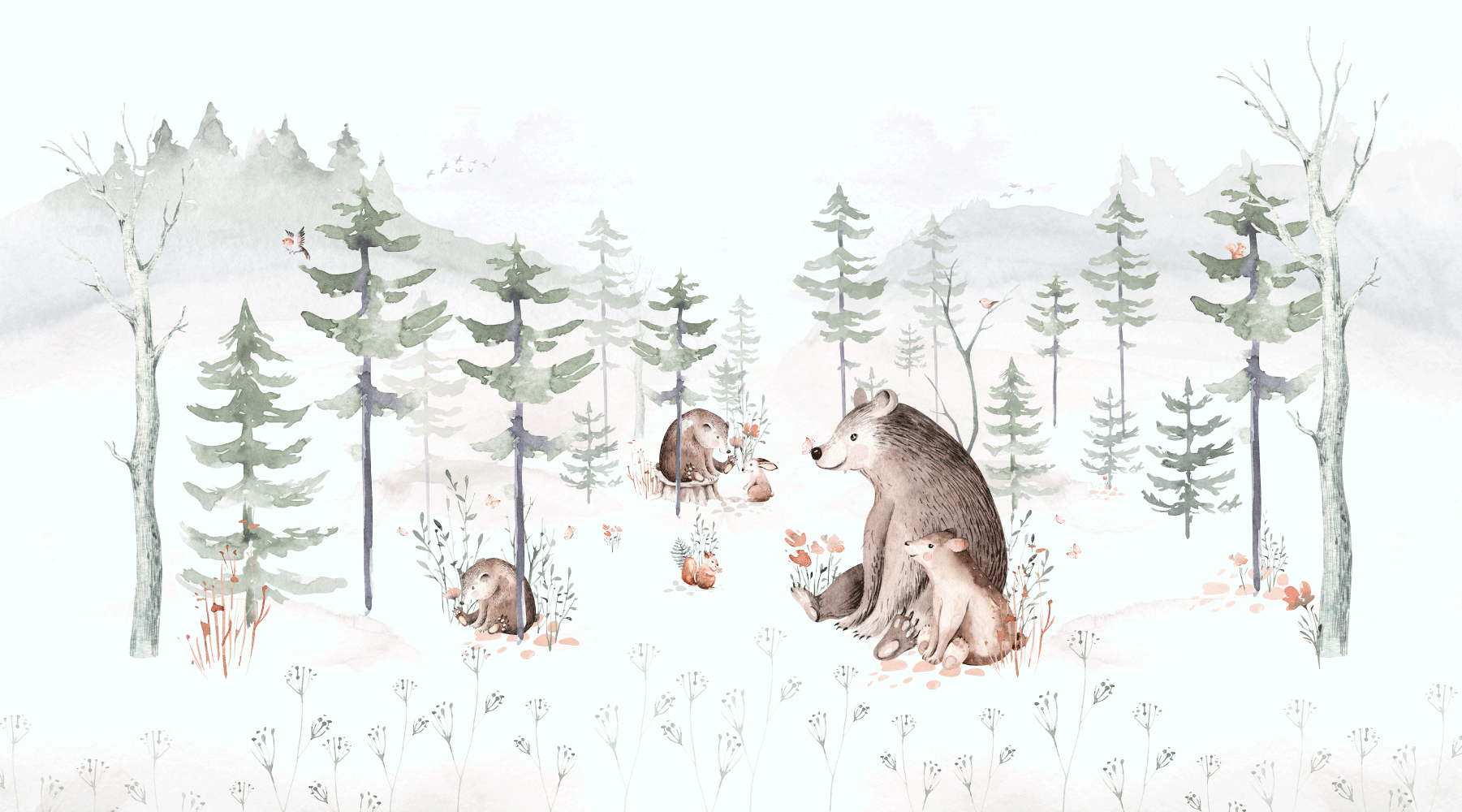 n162 Papier peint famille ours, forêt, aquarelle