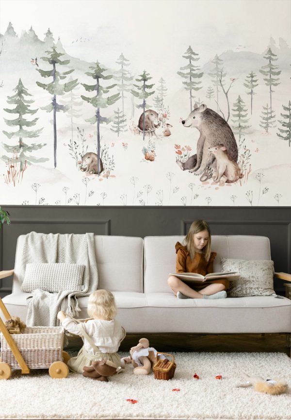 Papier peint famille ours, forêt, aquarelle