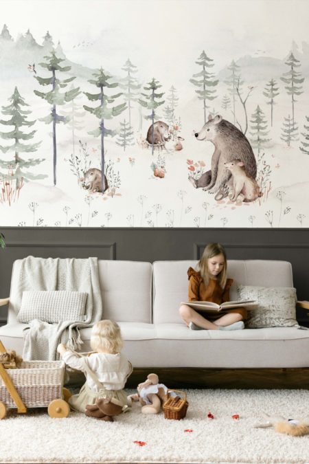 Papier peint famille ours, forêt, aquarelle