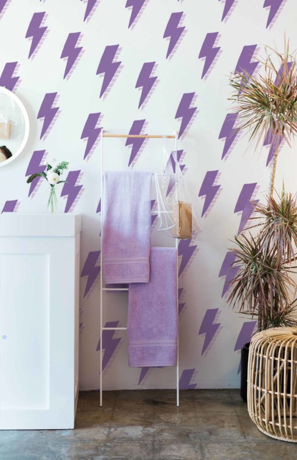 papier peint foudre éclair graphique violet salle de bain