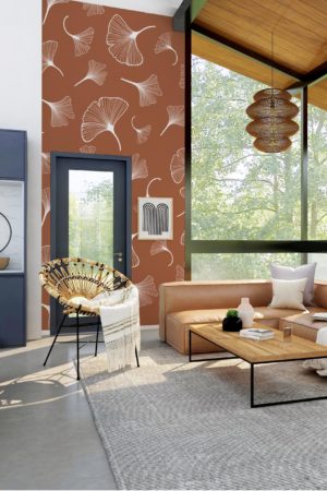 papier peint n181 Ginkgo sur fond terracotta salon