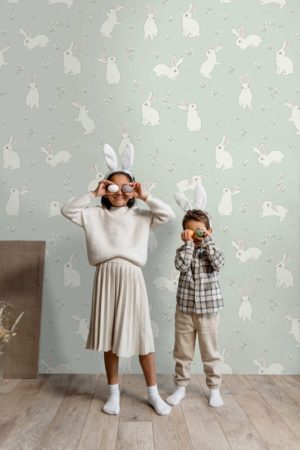 papier peint prairie, fleurs et lapins