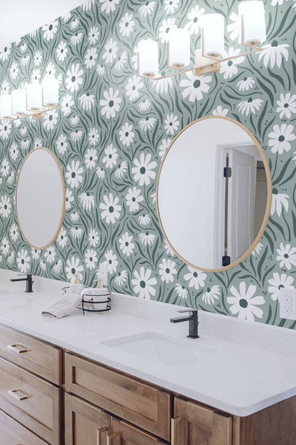 salle de bain papier peint vert fleur blanche suzanne nature