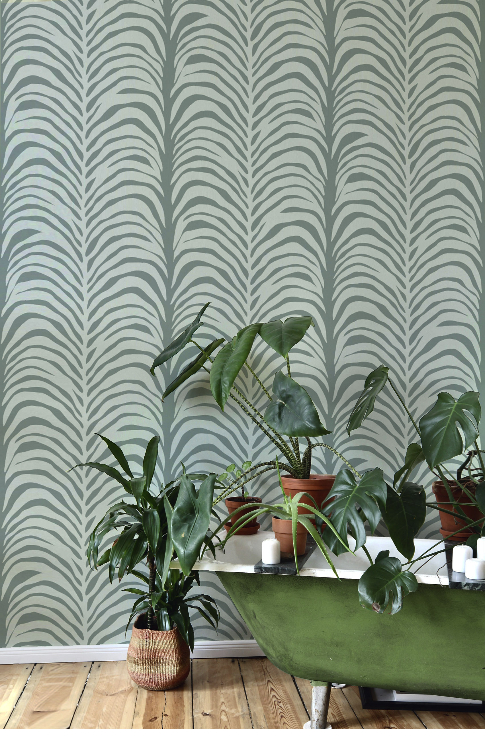 papier peint n266 cascade végétale graphique vert foncé salle de bain