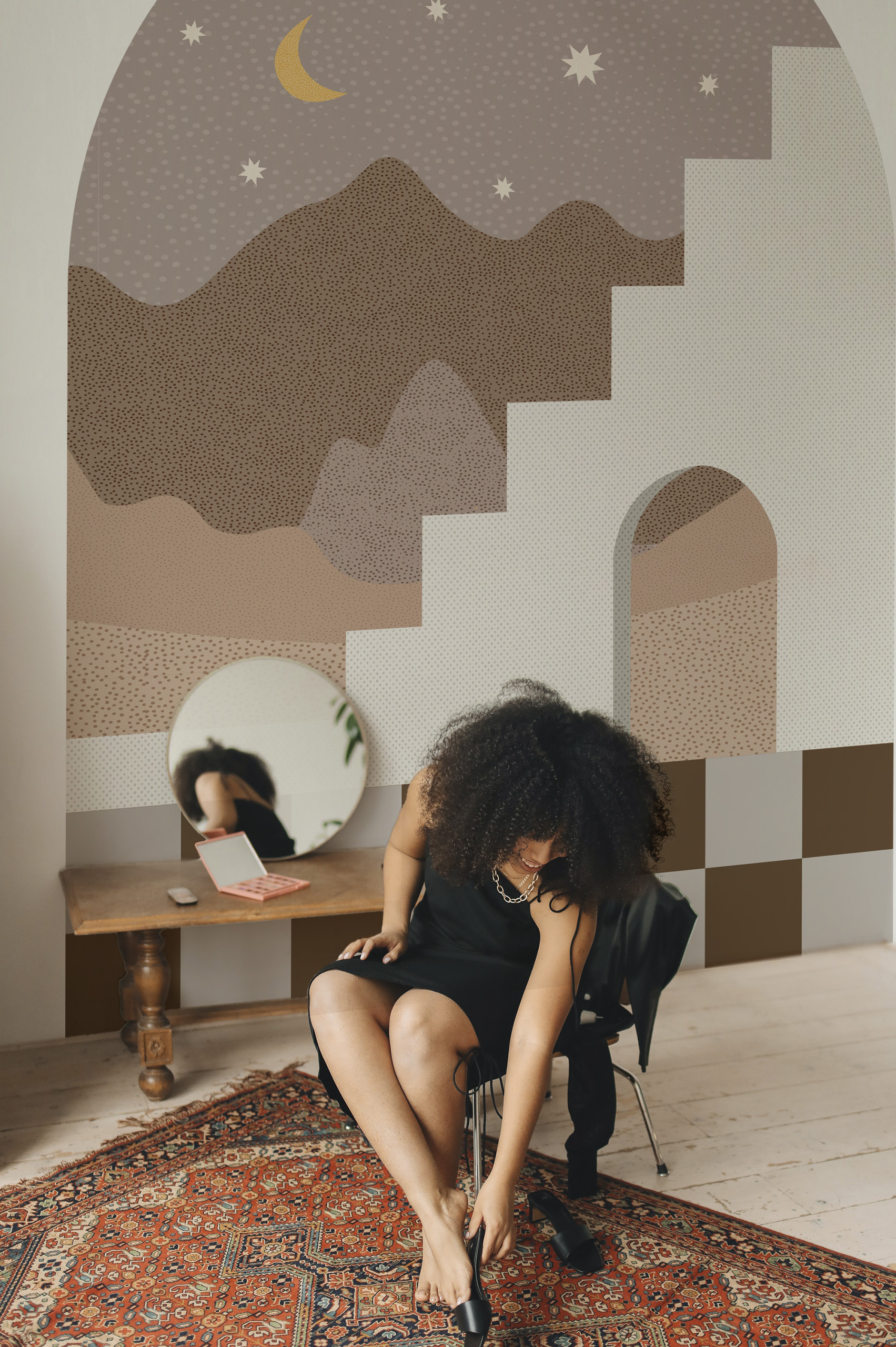 Papier peint N271 tête de lit géométrique nuit désert tons marron entree