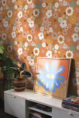 n277 papier peint fleurs rétro orange chambre