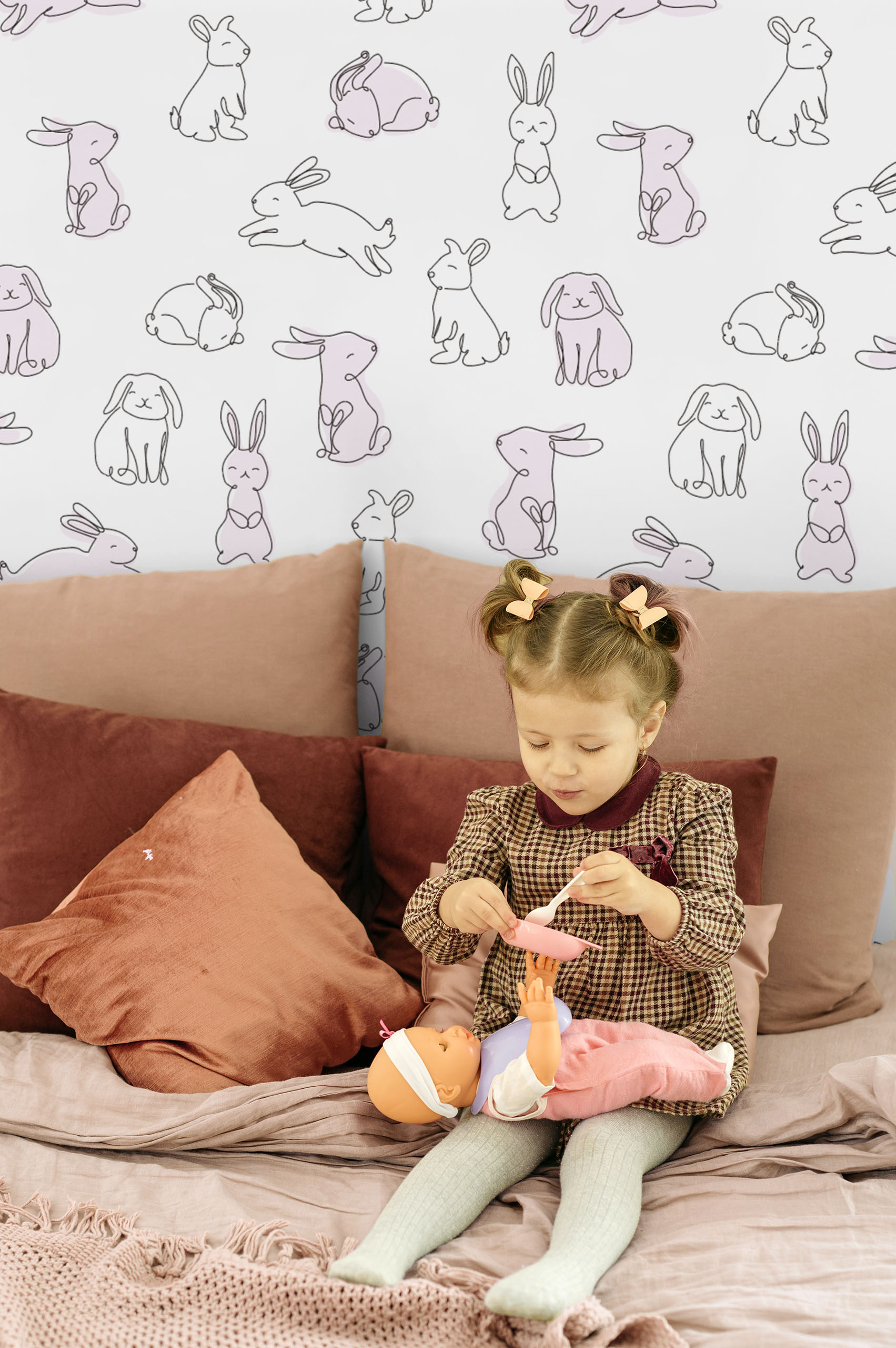 papier peint n317 petits lapins minimalistes en rose chambre
