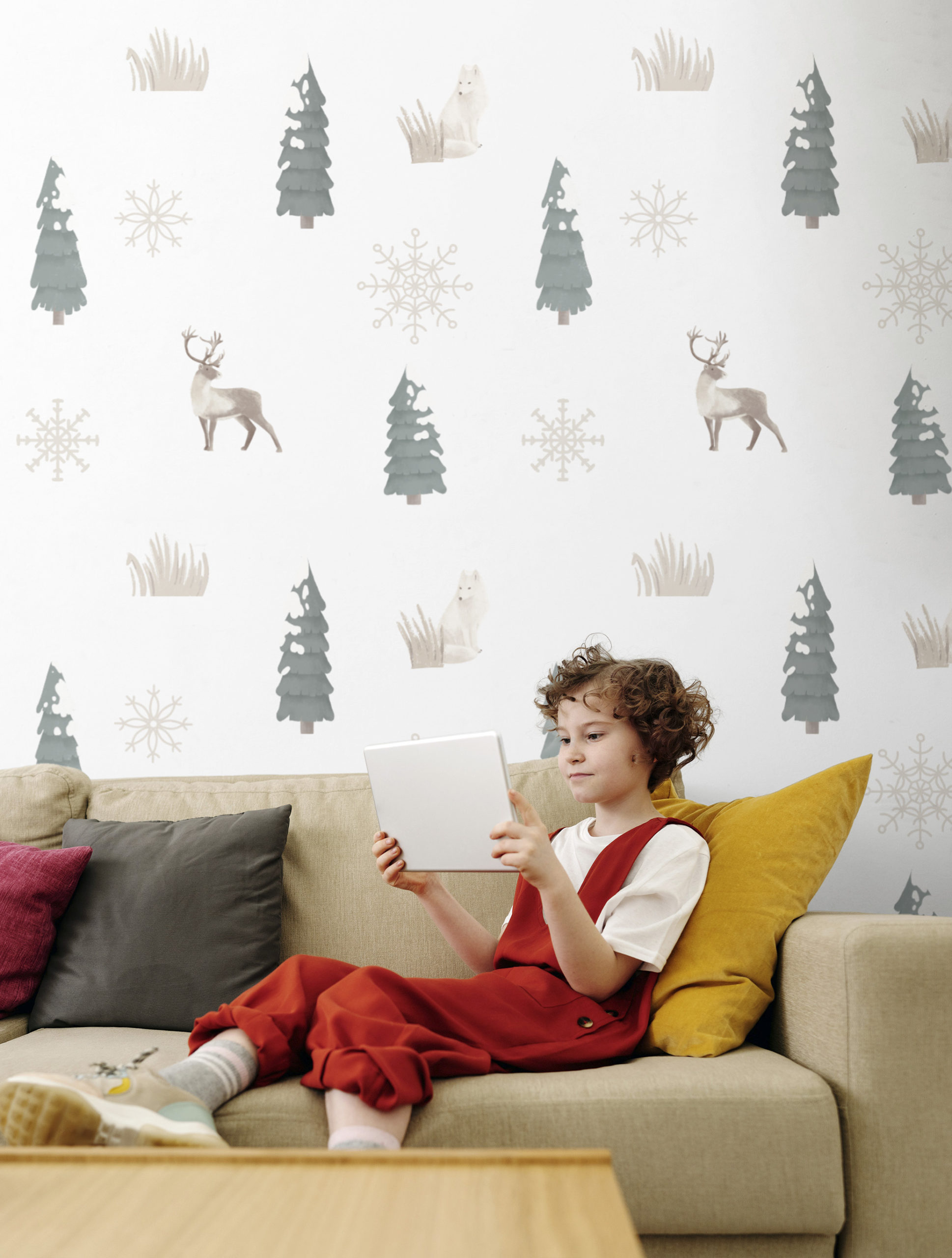 papel pintado infantil n331 ciervo y copos de nieve salon