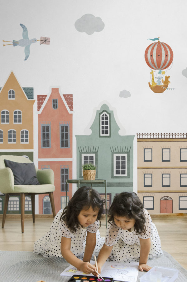 papier peint n340 aventure montgolfière animaux chambre d'enfant jumelles