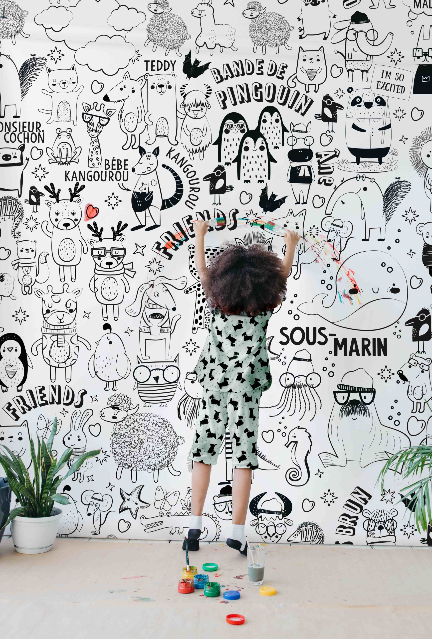 papier dessin pour Enfant, 38x300cm Dessin à Colorier, Coloriage Adhésif,  Papier Peint Graffiti Rouleau avec dinosaure/alphabet/animal pour Enfant