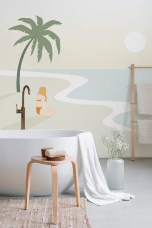 salle de bain beige papier peint panoramique mer plage