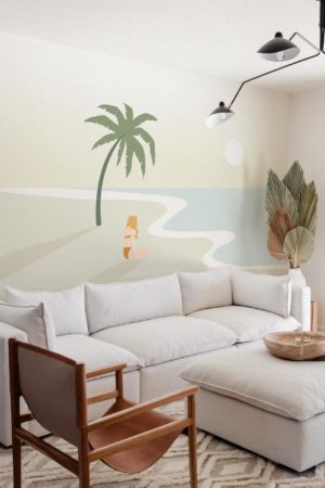 salon beige papier peint panoramique mer plage