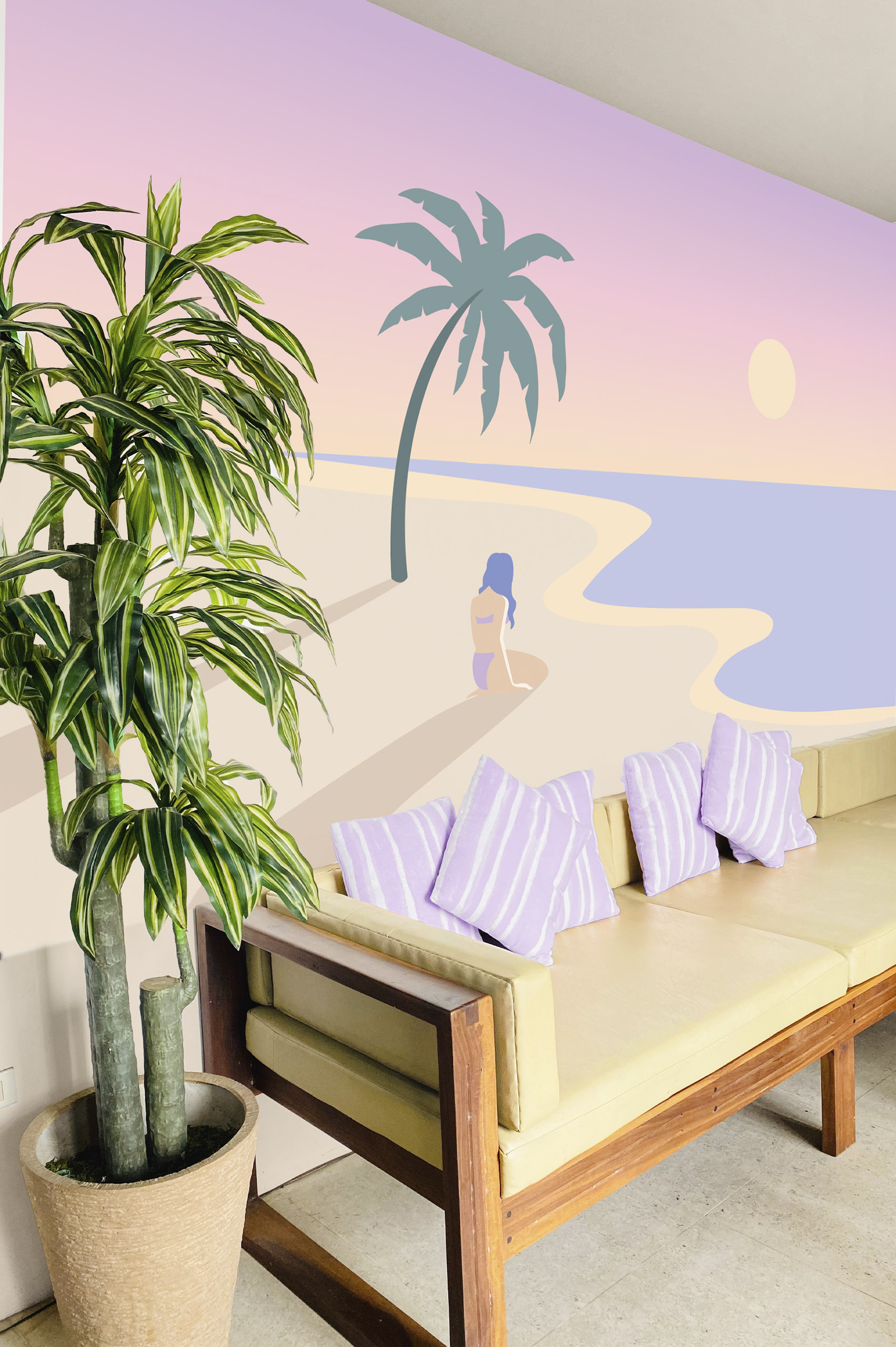 N362 living room orange Orange living room panoramic sea beach wallpaper