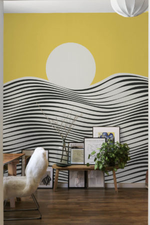 Living room panoramic yellow wallpaper with sea theme
