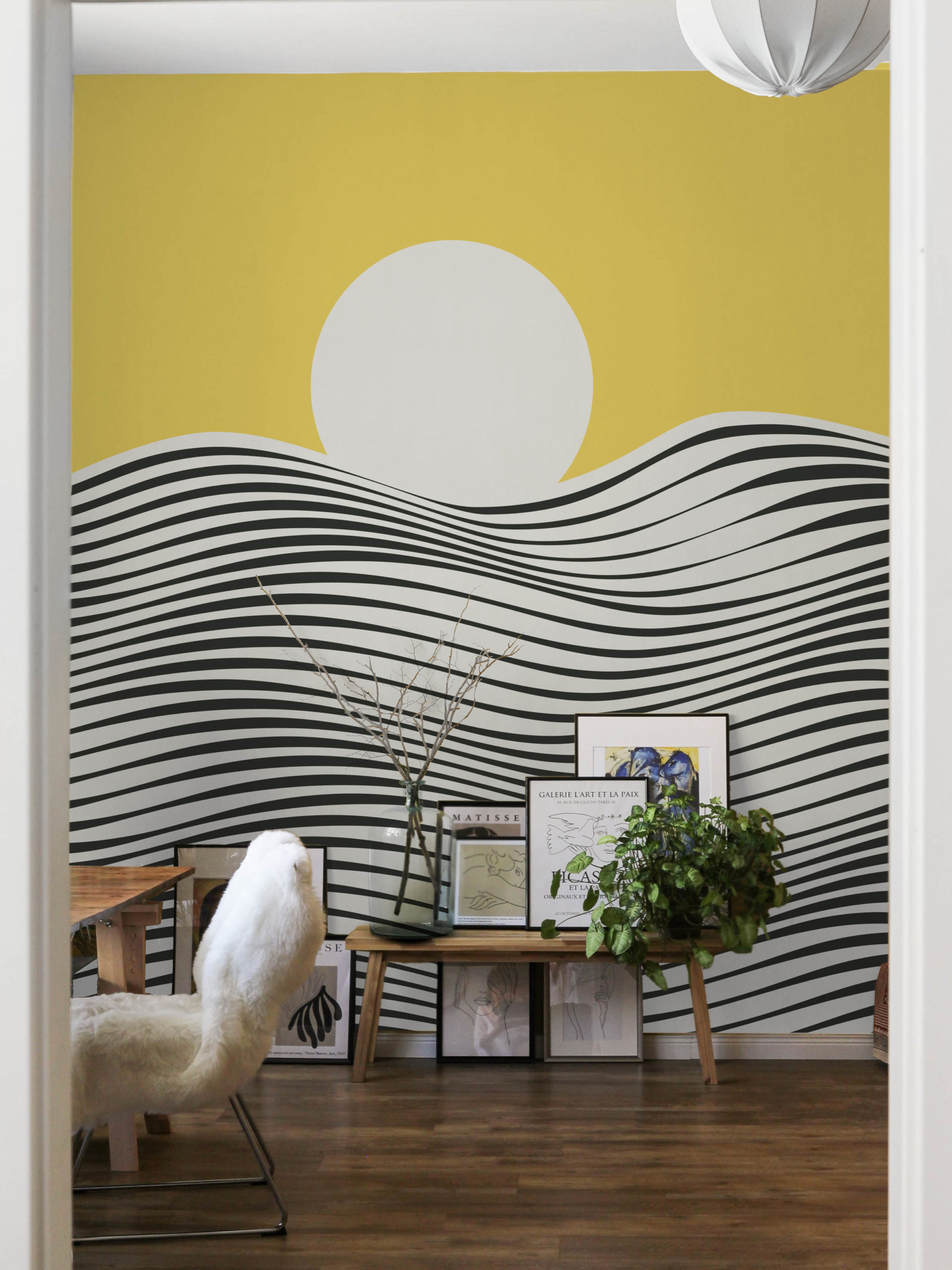 salon papier peint jaune panoramique theme mer