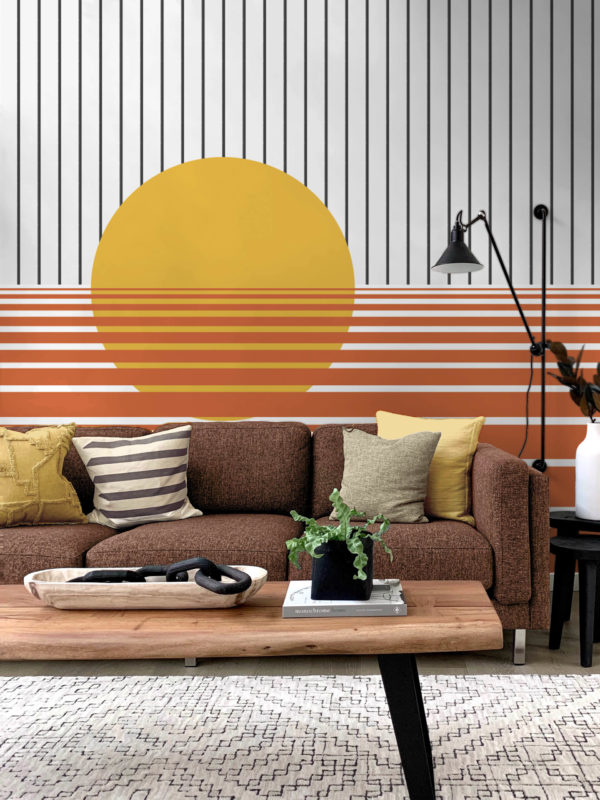 salon bleu papier peint coucher de soleil paysage panoramique futuriste