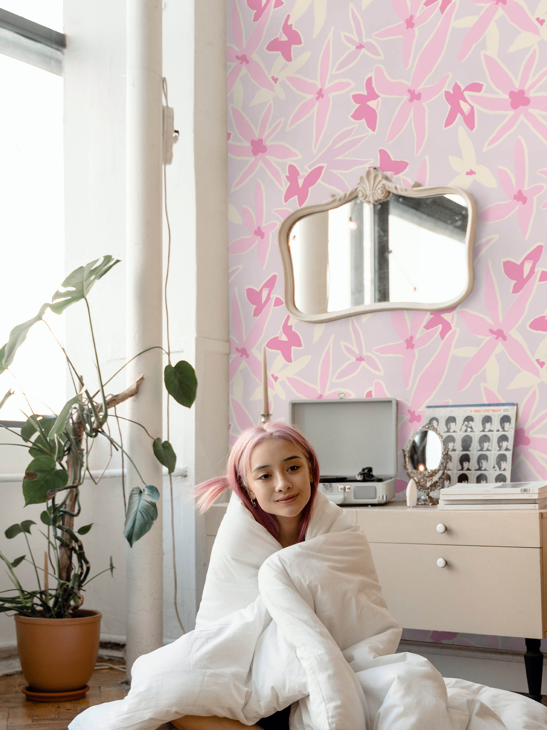 chambre rose papier peint bouquet hyacinthe fleur adhésif luxe