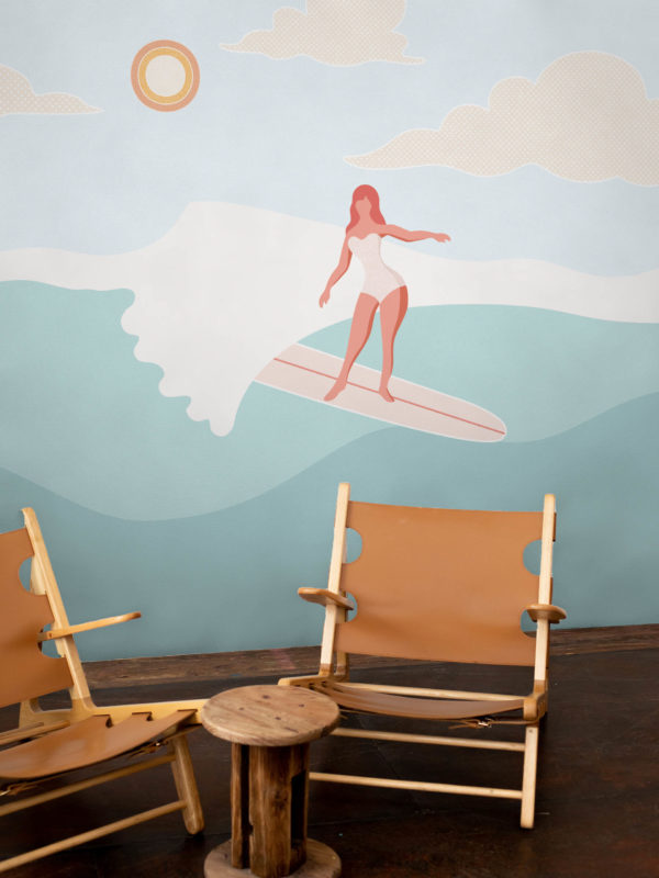 salon papier peint surf panoramique vague exotique