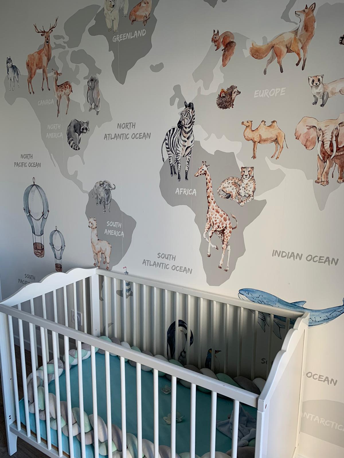 papier peint - 128 - mapmonde - carte - animaux - client satisfait chambre bébé