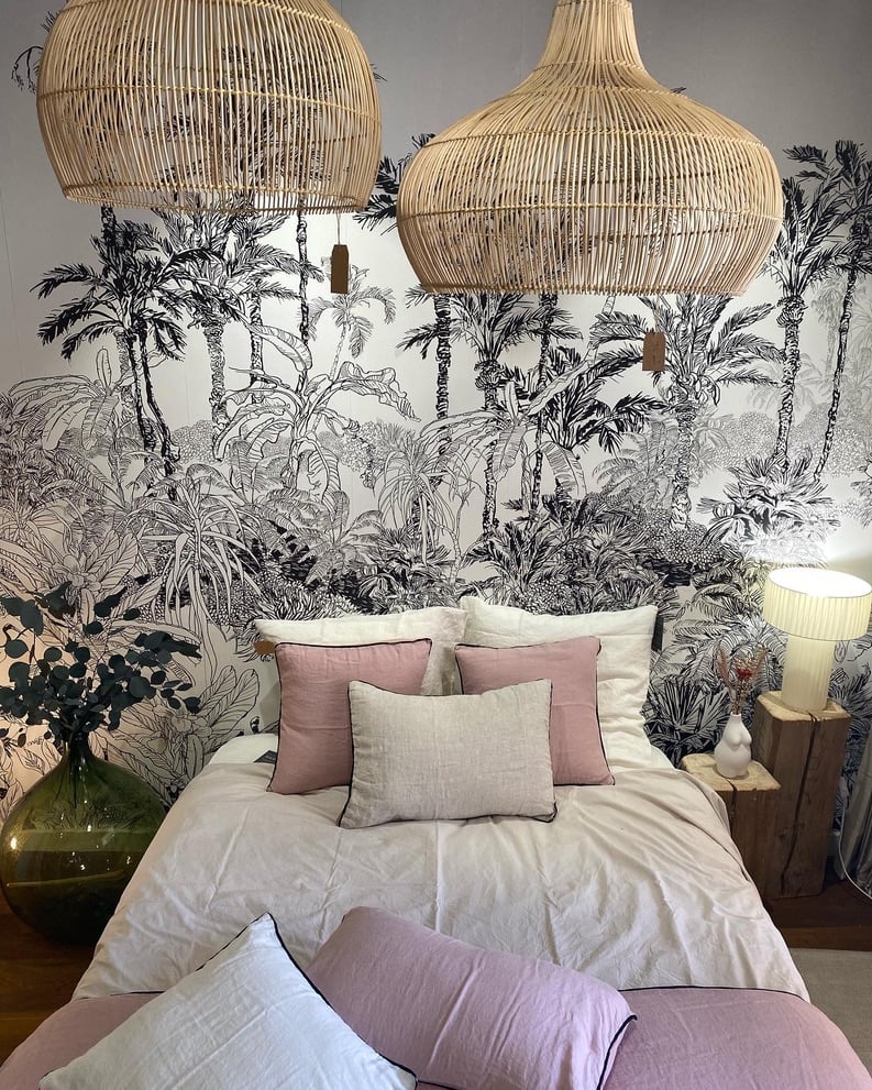papier peint - 90 - Tropic arbres - noir et banc - client satisfait - chambre
