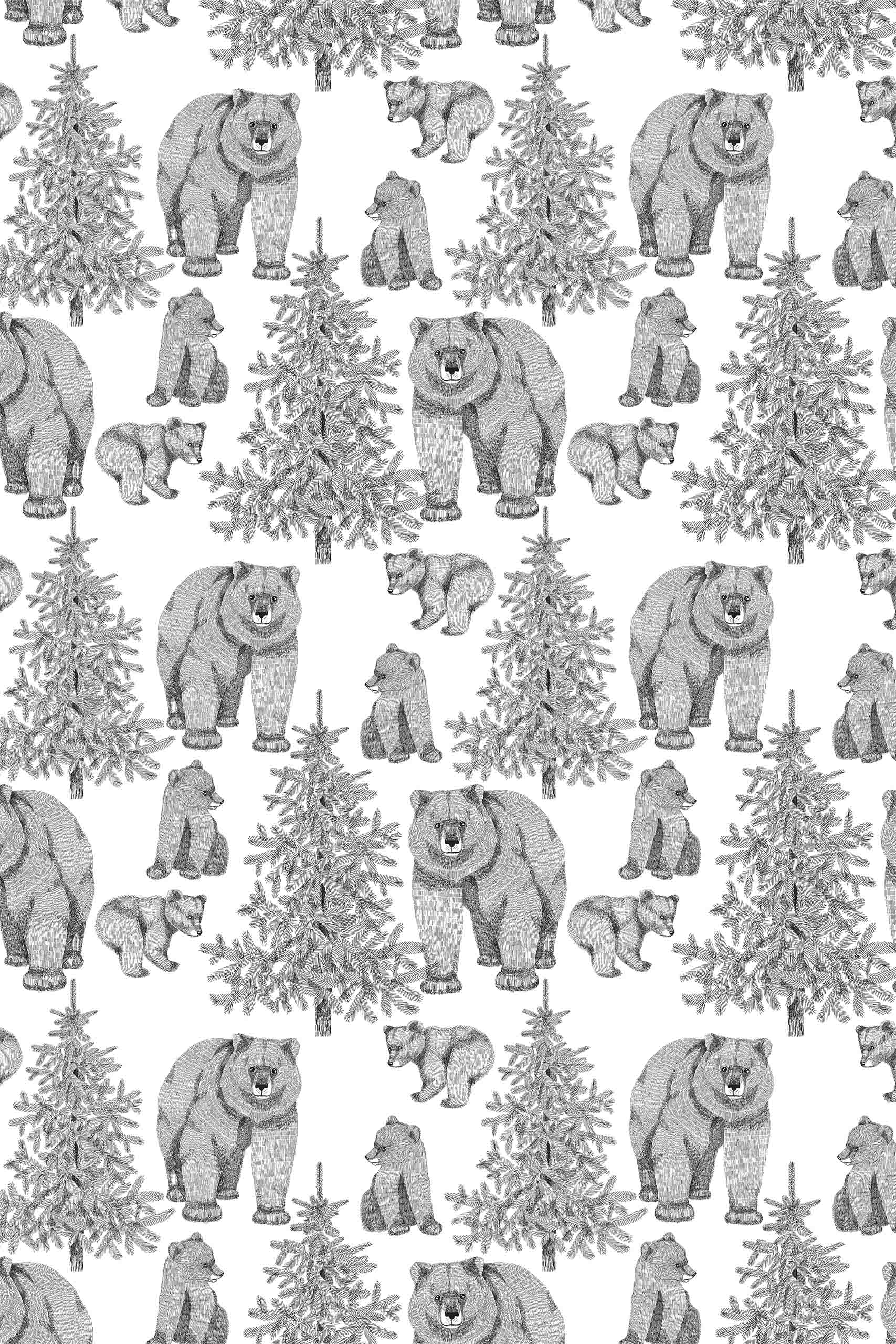 motif papier peint noir & blanc papa ours nature paysage