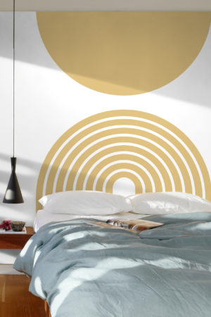 Papel pintado dormitorio sol geométrico amarillo mostaza