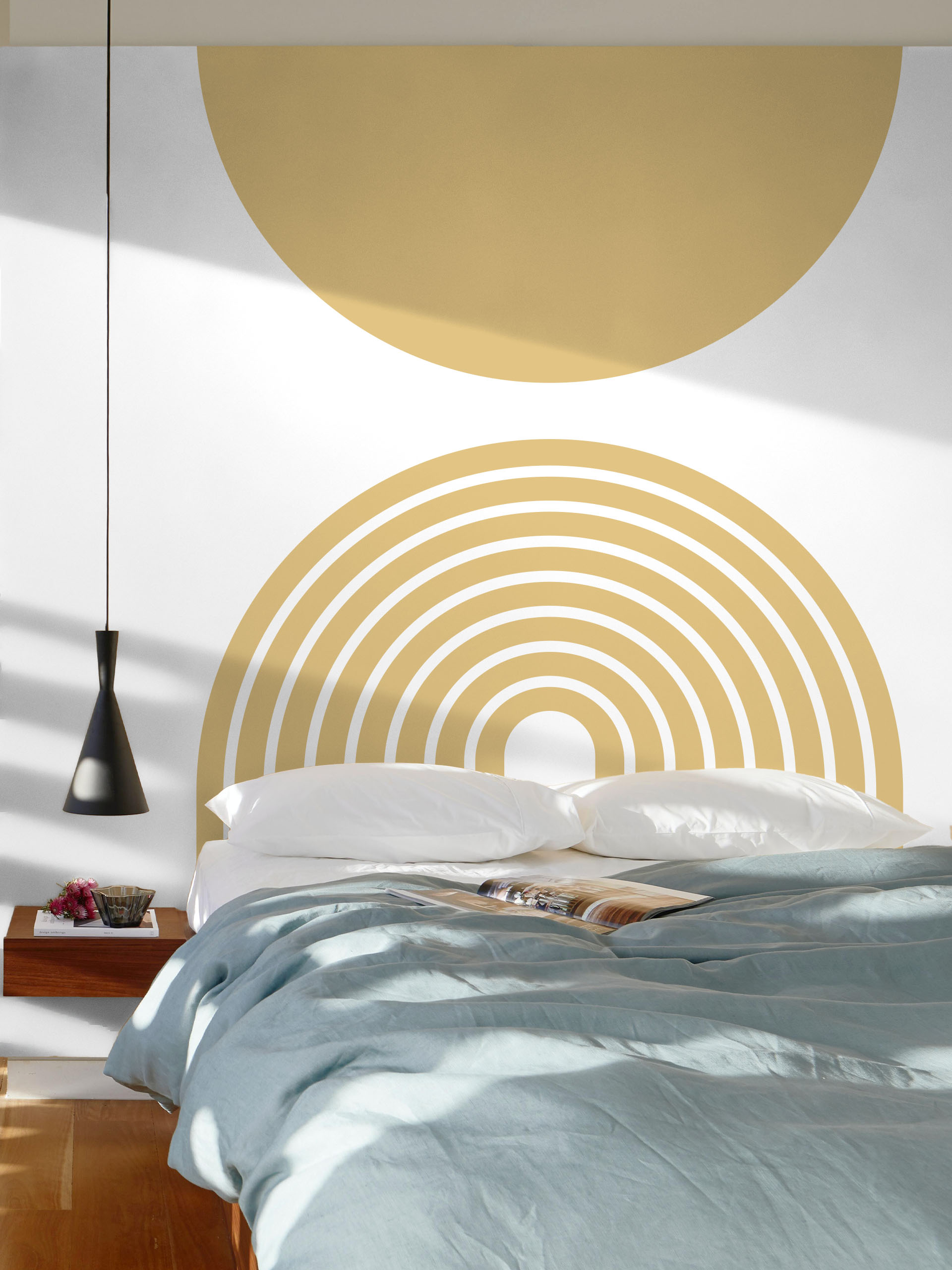 Papel pintado dormitorio sol geométrico amarillo mostaza