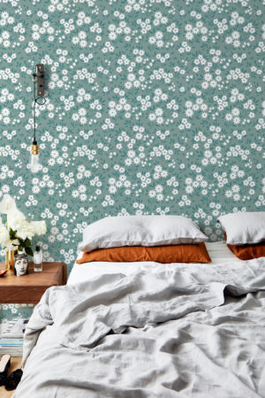 chambre papier peint vert fleurs sauvages floral vintage