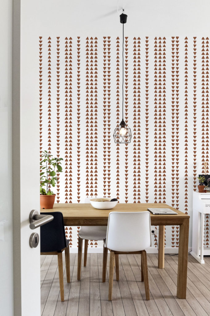 cocina terracota papel pintado geométrico triángulos boho chic