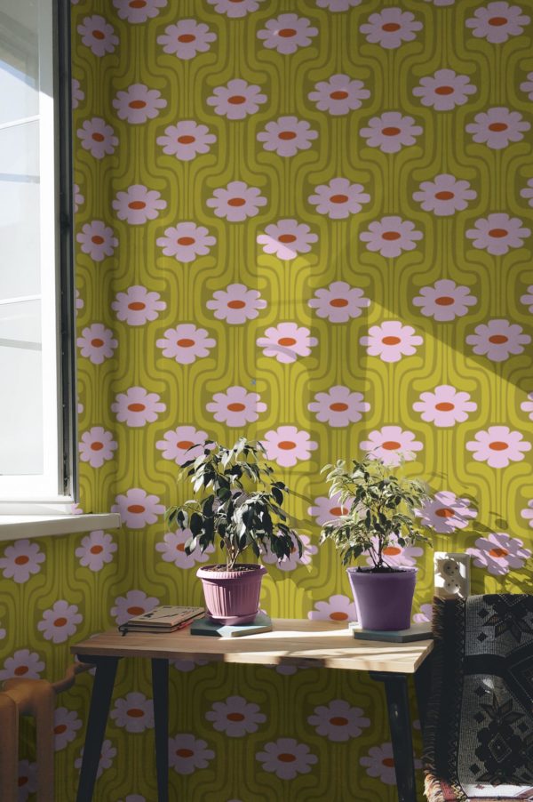 salon papier peint vert printemps fleurs vintage