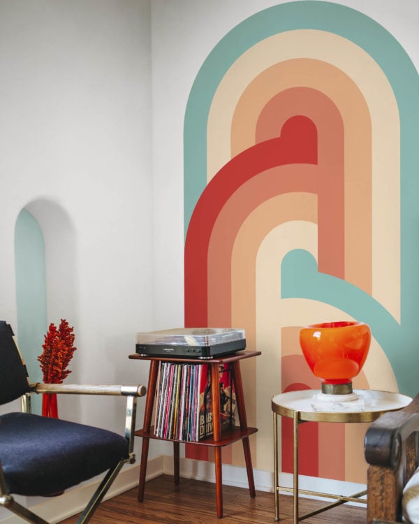 salon papier peint portail retro multicolore arc en ciel geometrique