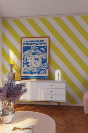 salon jaune papier peint rayures pop géométrique estivale
