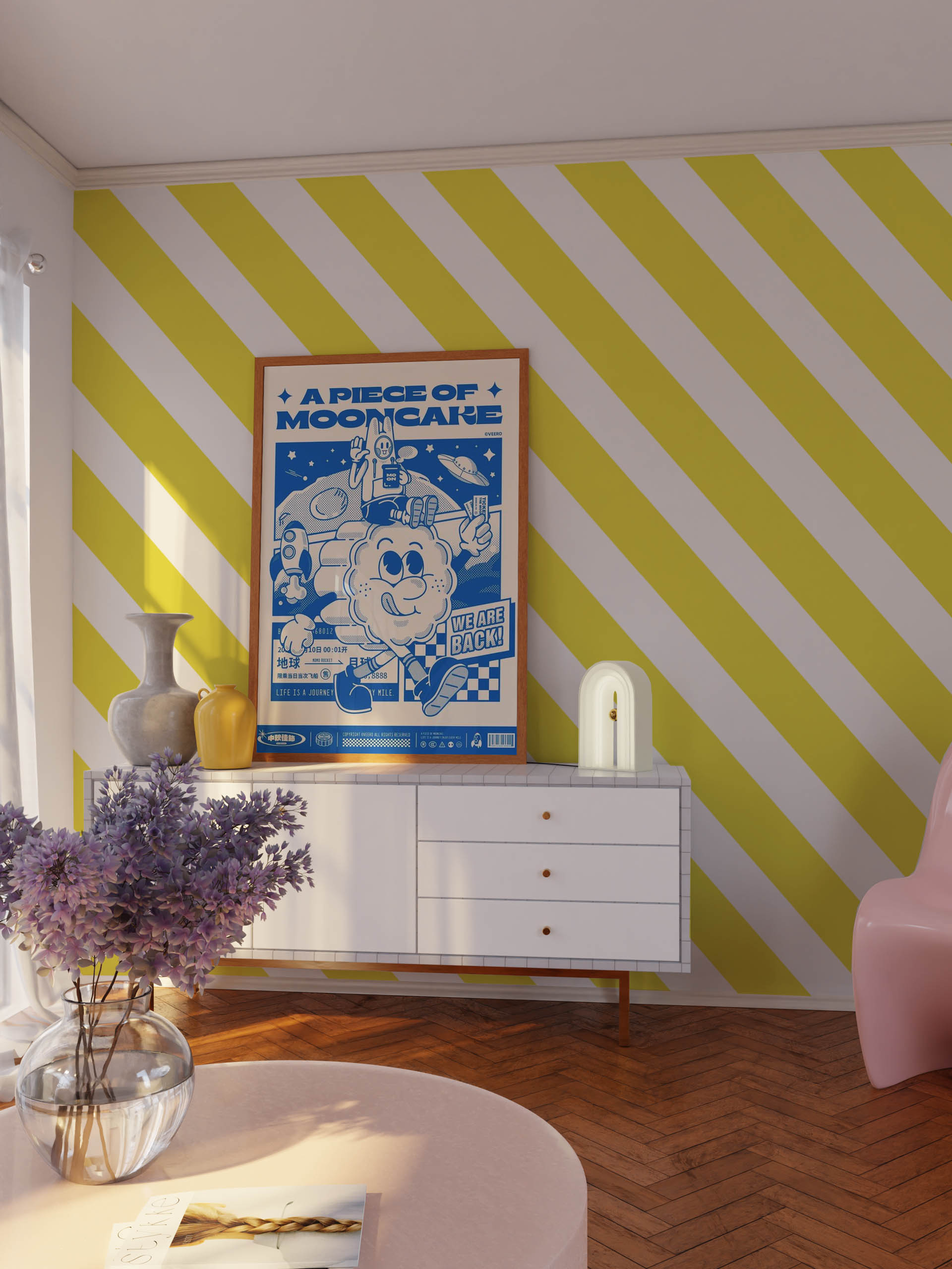 salon jaune papier peint rayures pop géométrique estivale