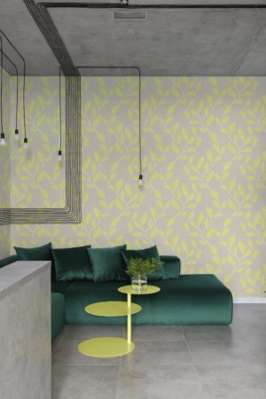 salon jaune papier peint charme du lierre végétal tendance
